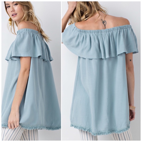 🌻2 for $20🌻 Faded Blue Off Shoulder Gauze Top - Picture 3 of 3